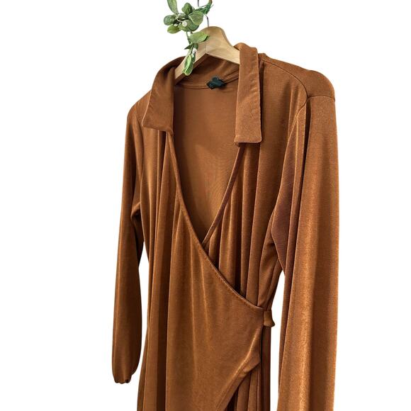 Wild Fable Dresses & Skirts - WILD FABLE Camel Long Sleeve Faux Wrap Belted Dress Draped Longline SIZE LARGE